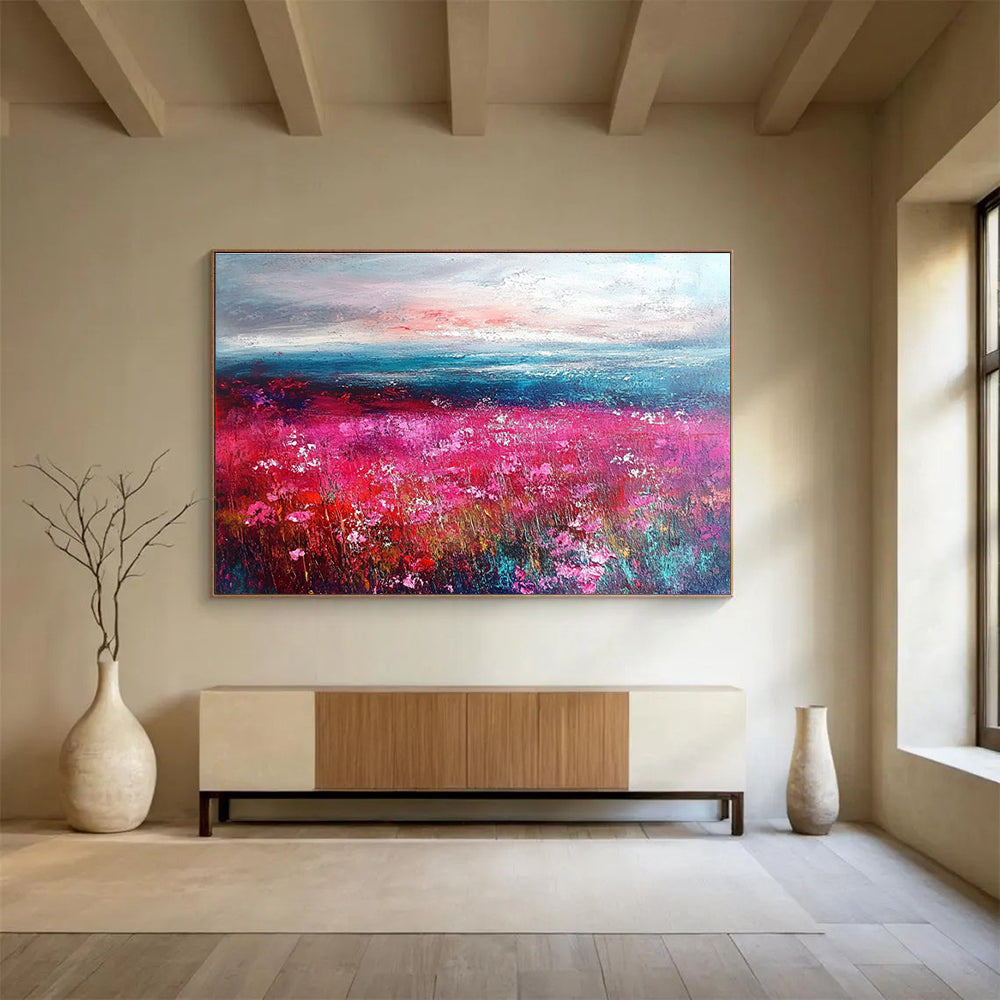 Pink Flower Field by the Sea Abstract Painting DYP472