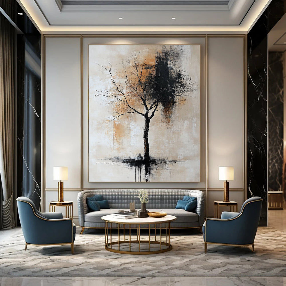Large abstract painting in neutral gray beige and black hues reminiscent of vintage oil art. Perfect for contemporary decor.STSC837