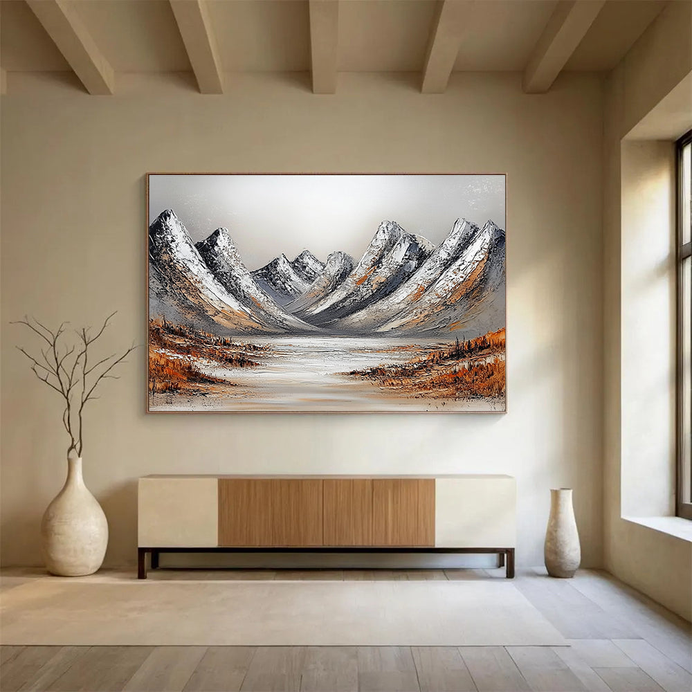 Snowy Mountain Range Textured Abstract Painting with White and Brown Tones DYP608