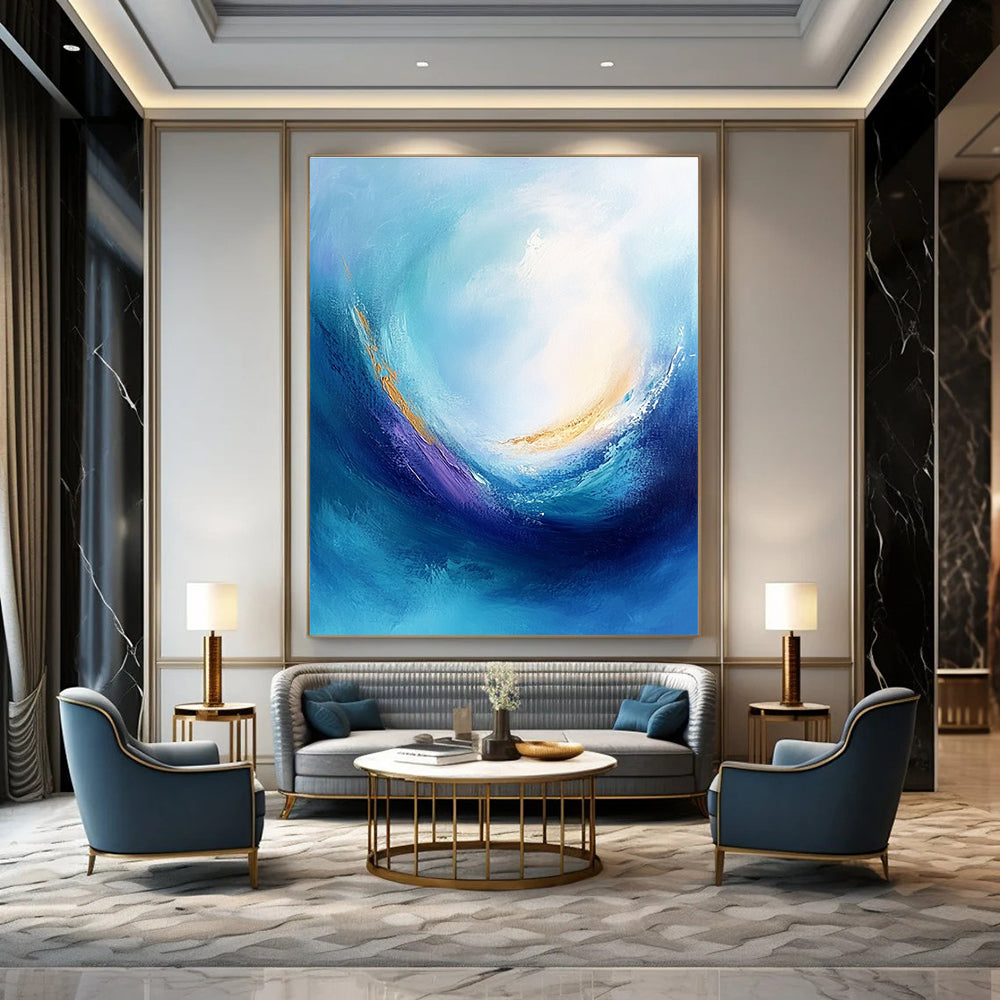 Large abstract painting of a blue sea with swirling vortices and emotional colors depicting tranquility and calmness in high resolution.STSC042
