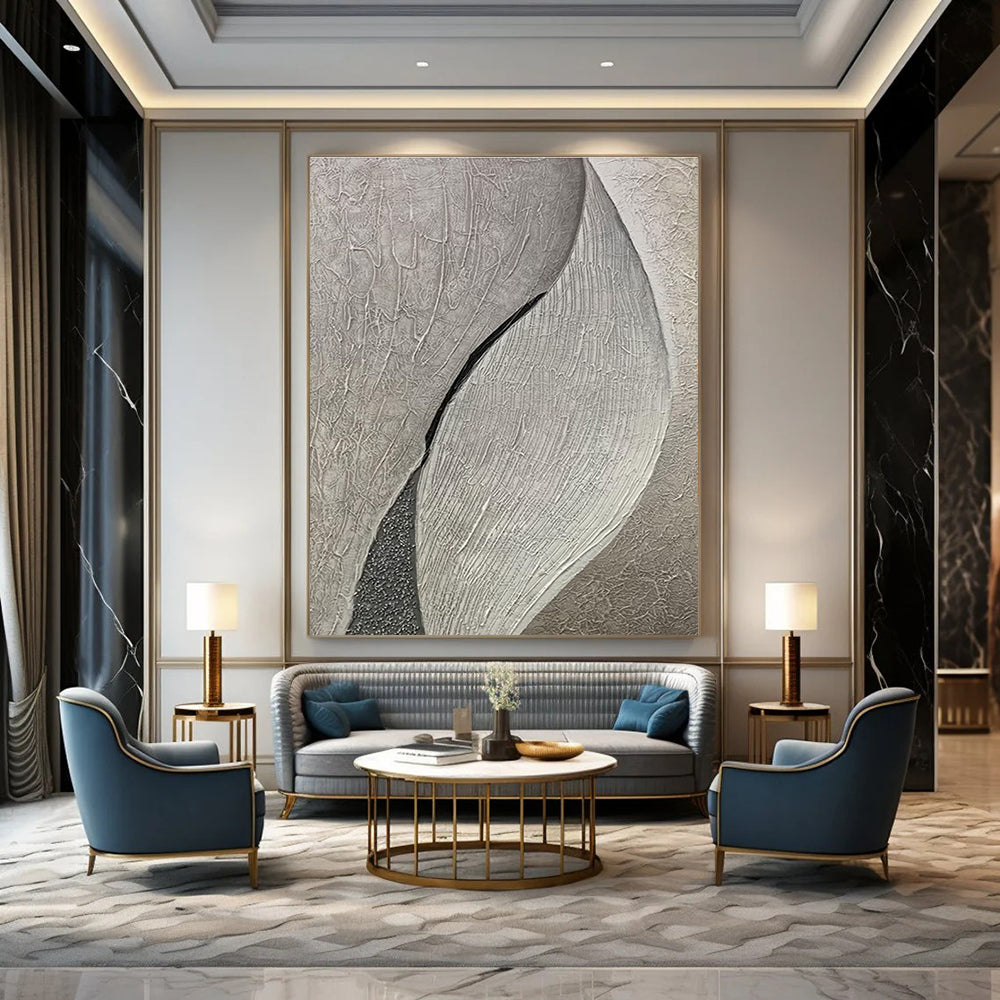 Textured Gray Abstract Painting with Leaf - like Forms ADGE517