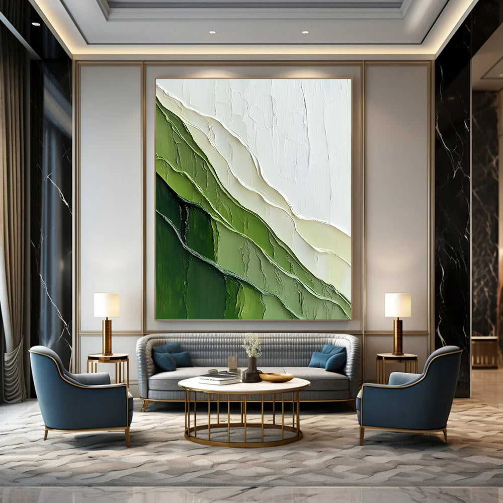 Large abstract painting featuring a textured green mountain against a pale yellow-green background with a sense of depth and layered contours.STSC1120