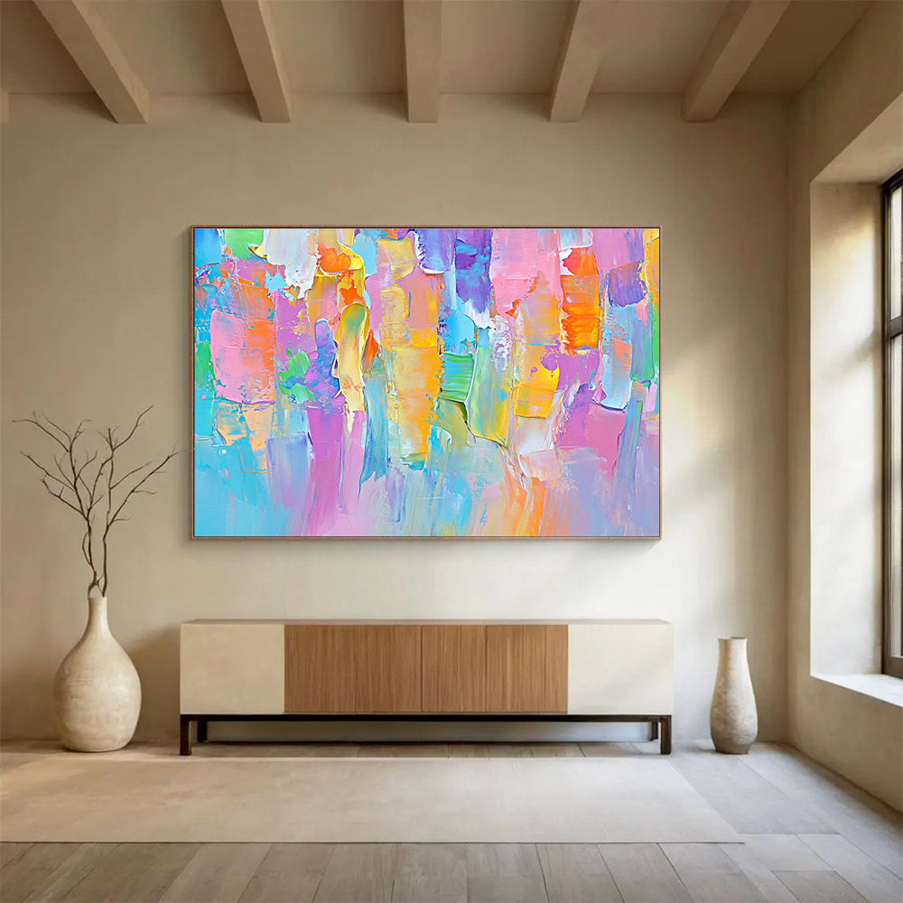 Large abstract painting featuring soft pastels and bold lines, evoking springtime joy with vibrant colors and playful brushstrokes.SC185