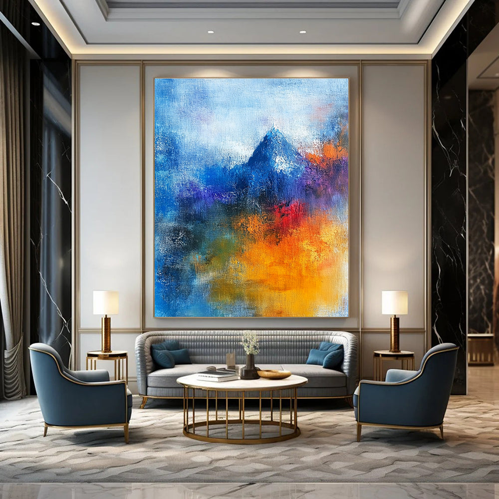 Abstract painting featuring a sacred mountain with vibrant blue and orange hues, human figures in prayer, and a blurred Christ figure, conveying deep spiritual themes.STSC249