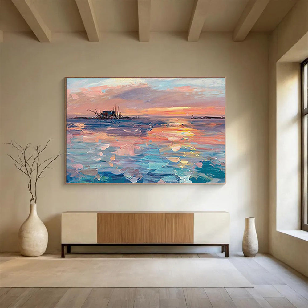 Sunset Fishing Village Abstract Painting with Pink, Orange, and Blue Tones THY205