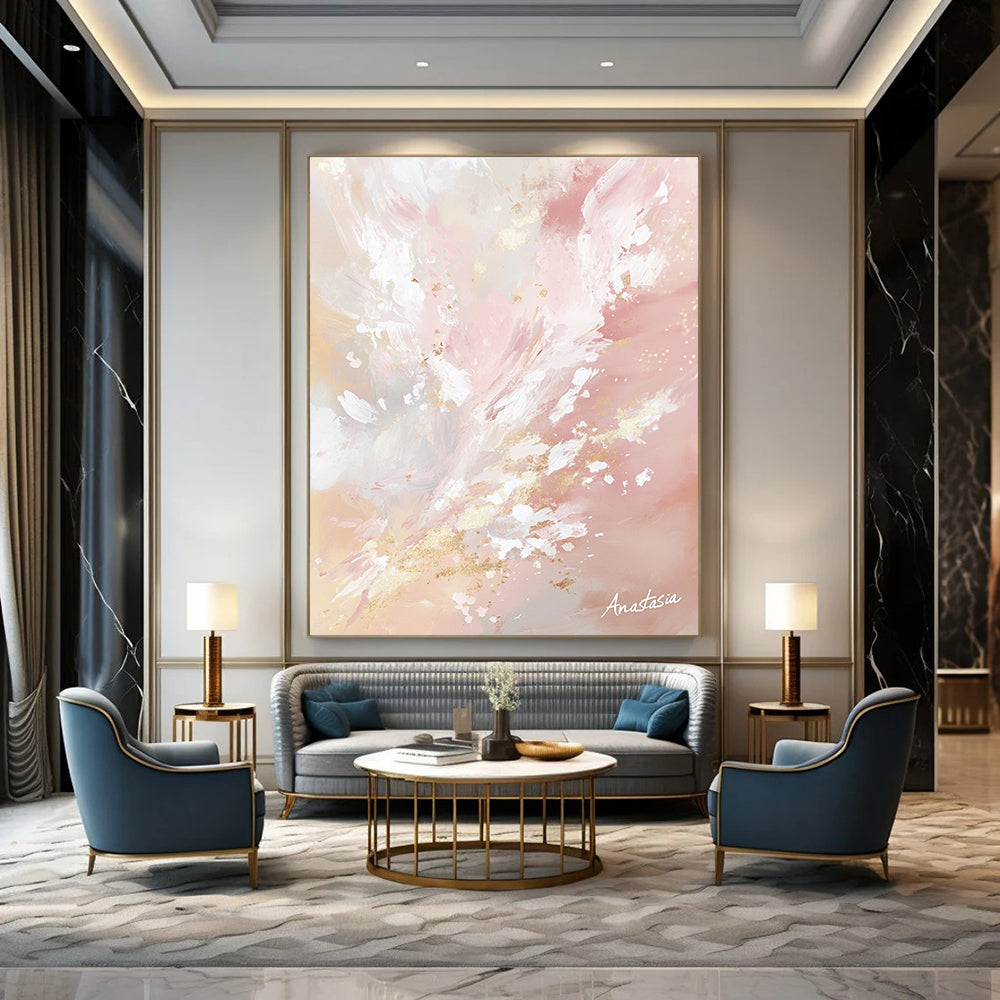 Large abstract painting in pastel pinks and whites with golden accents capturing nature's beauty and light in a serene atmosphere signed by Anastasia.STSC1201