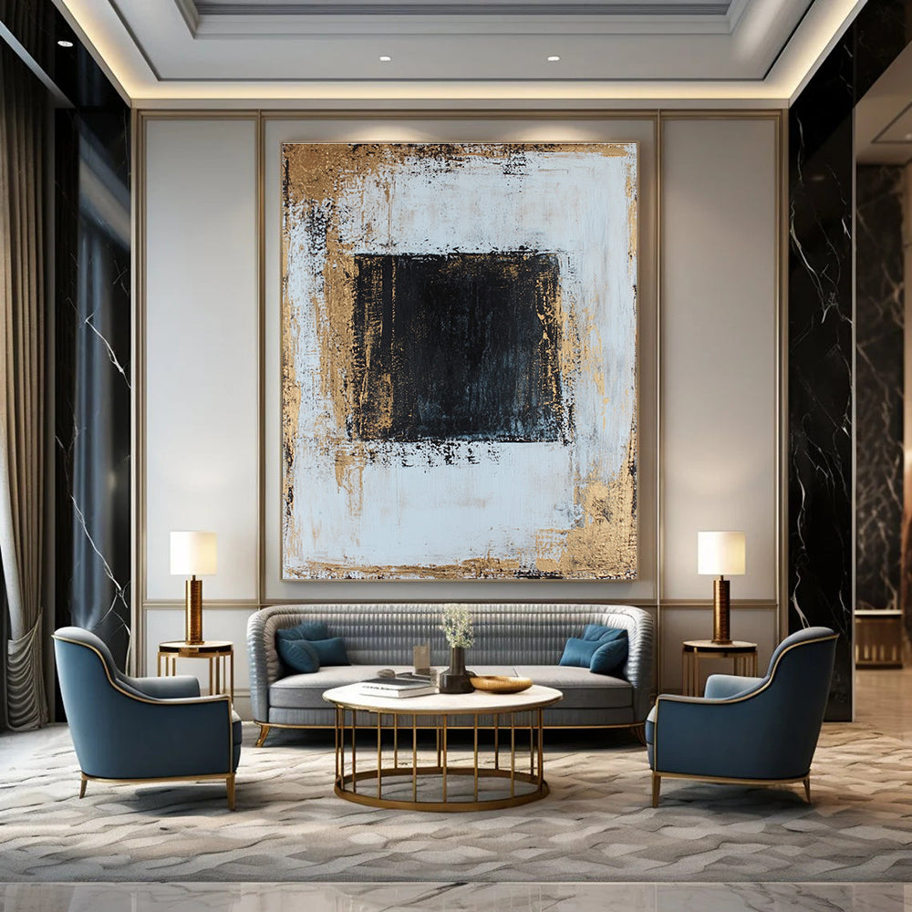 Large abstract painting in white and gold with textured canvas dark blue center perfect composition and golden ratio details.STSC382