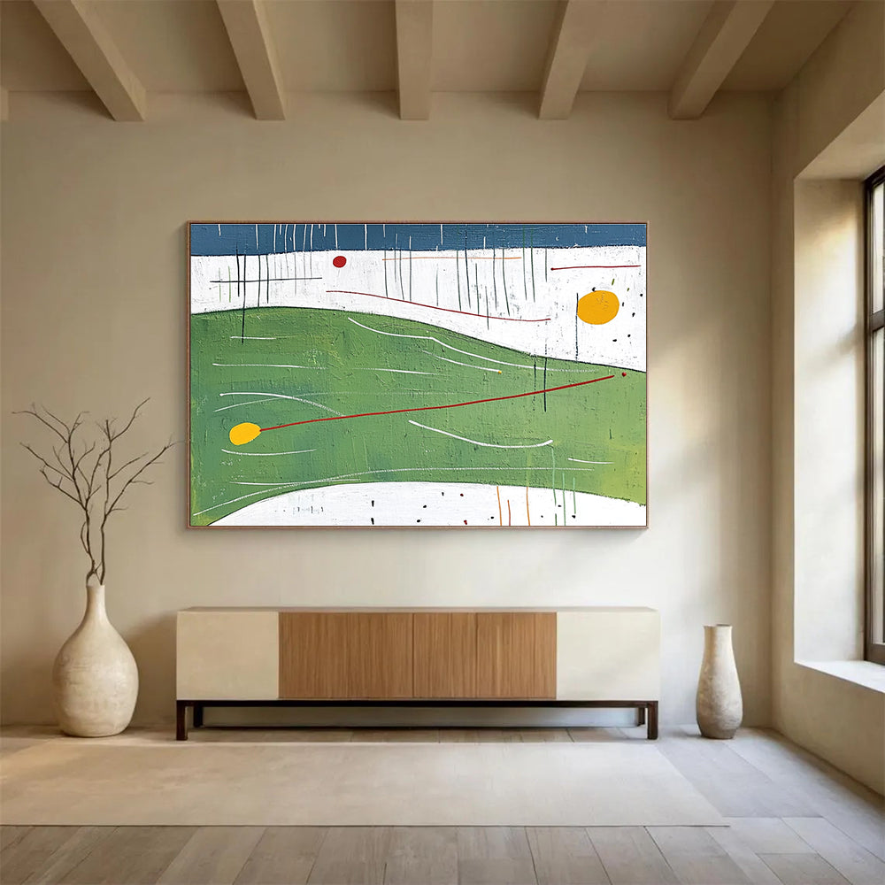 Large abstract painting featuring flat shapes and lines in green with yellow bubbles orange curves and red arrows against a white background and blue sky.SC176