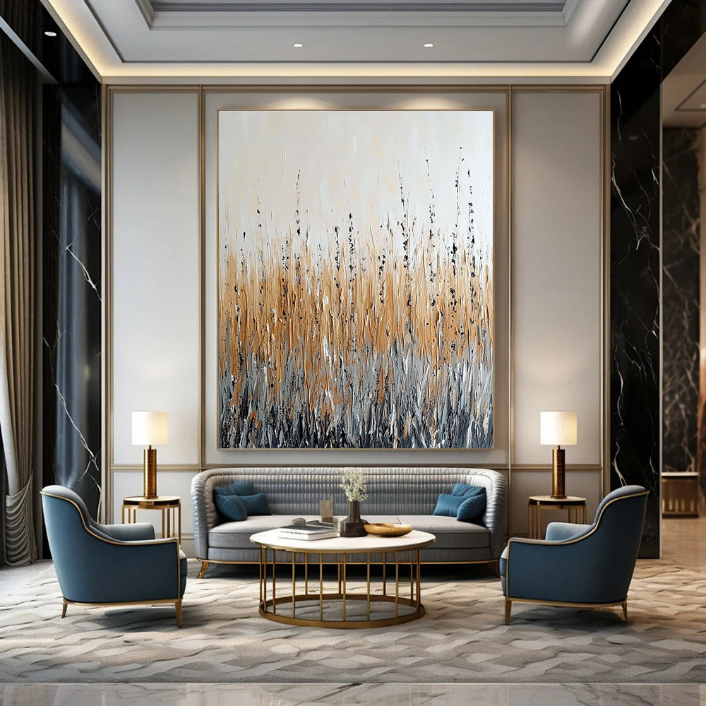 Large abstract painting depicting a field with tall grass in beige and grey tones featuring black accents and a rain effect on a white background.STSC284