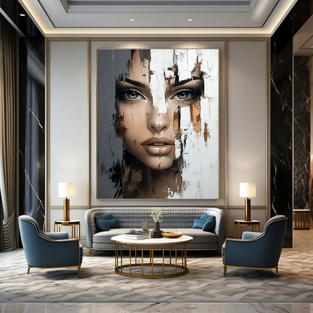 Large abstract painting featuring a woman's face with brushstrokes reflecting the world outside using a rich palette of gray beige and brown.STSC902