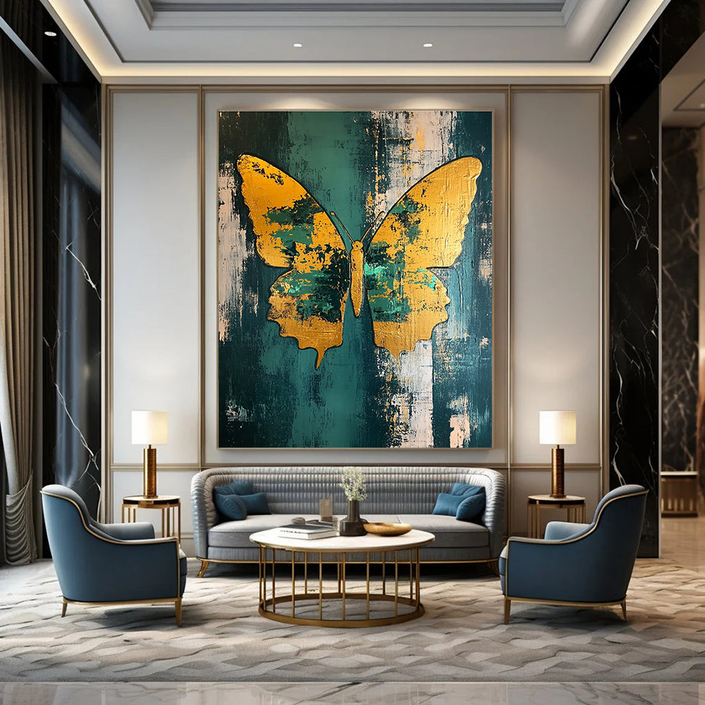Large abstract painting of a butterfly featuring gold leaf accents in teal and green on a distressed background.STSC280
