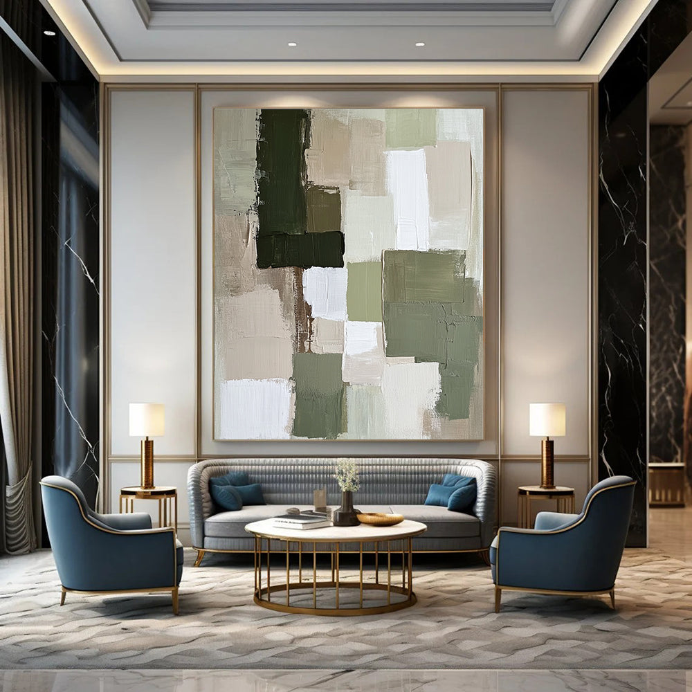 Large abstract painting featuring soft neutral tones like sage green and beige with dynamic textures and shapes that create a calm atmosphere.STSC767