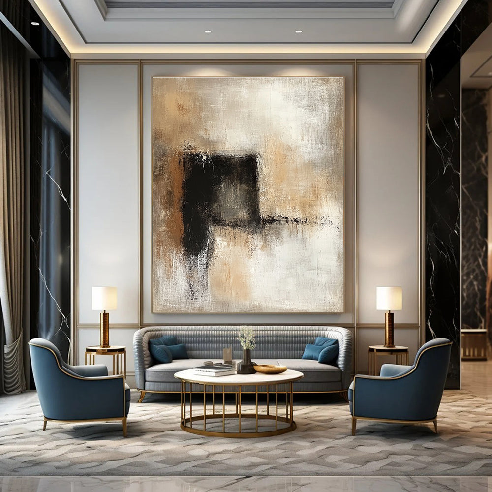 Large abstract painting featuring neutral tones in beige and brown, creating a calming and sophisticated atmosphere for any space.STSC780