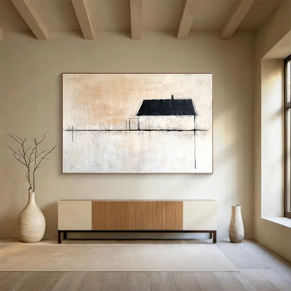 Large abstract painting featuring neutral tones with a single black line beside an old house and expansive white space. Minimalist style enhances tranquility.SC145