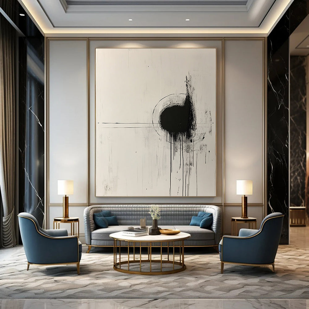 Large abstract painting with white background black lines paint drips central circle and expressive brush strokes emphasizing negative space.STSC568