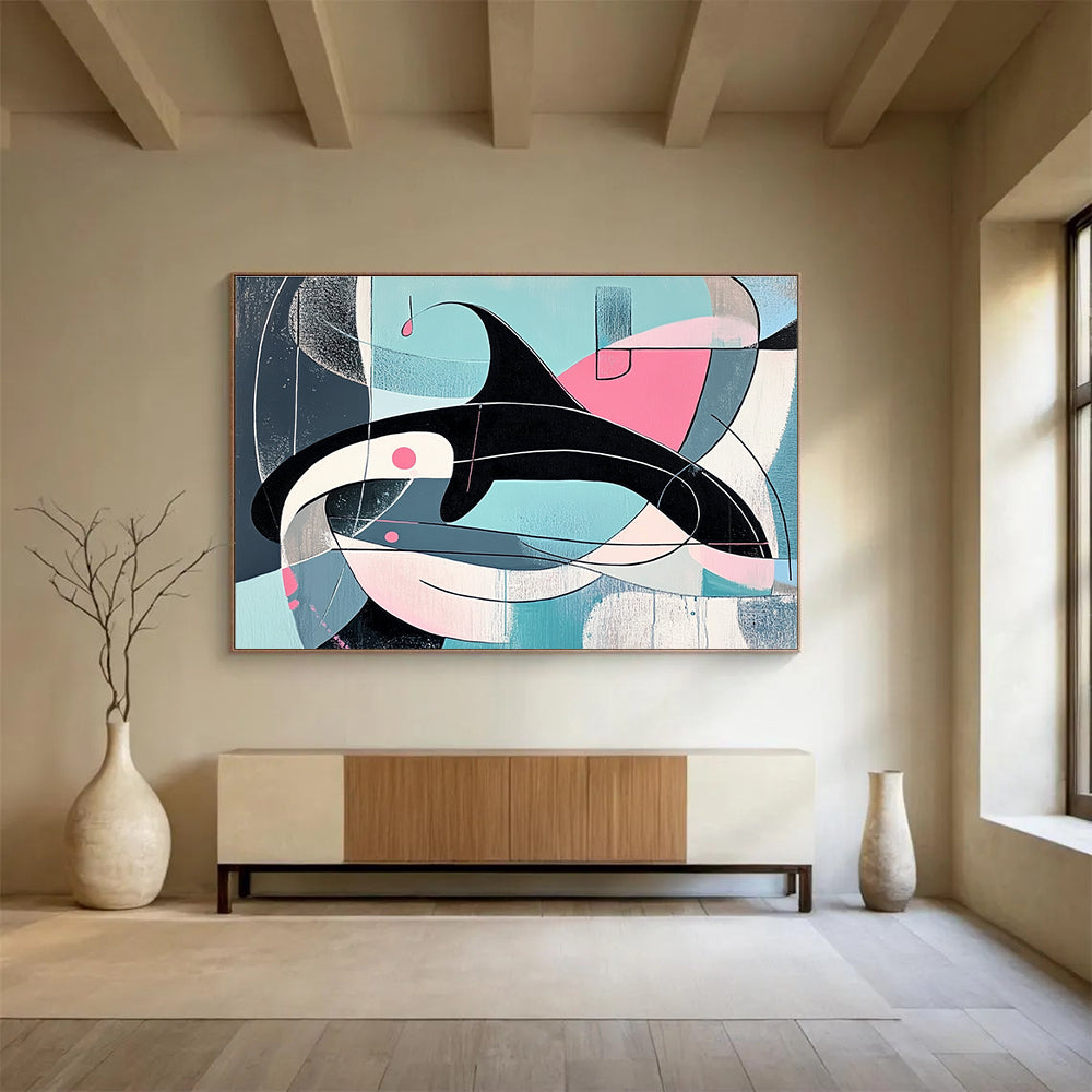 Geometric Orca Abstract Painting with Pastel and Dark Tones DYP343