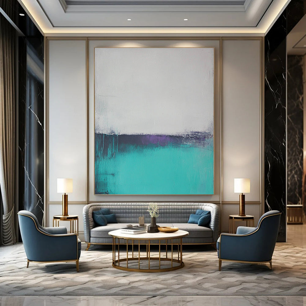 Large abstract oil painting of a misty teal and gray ocean with muted colors and low contrast, creating a serene atmosphere.STSC590
