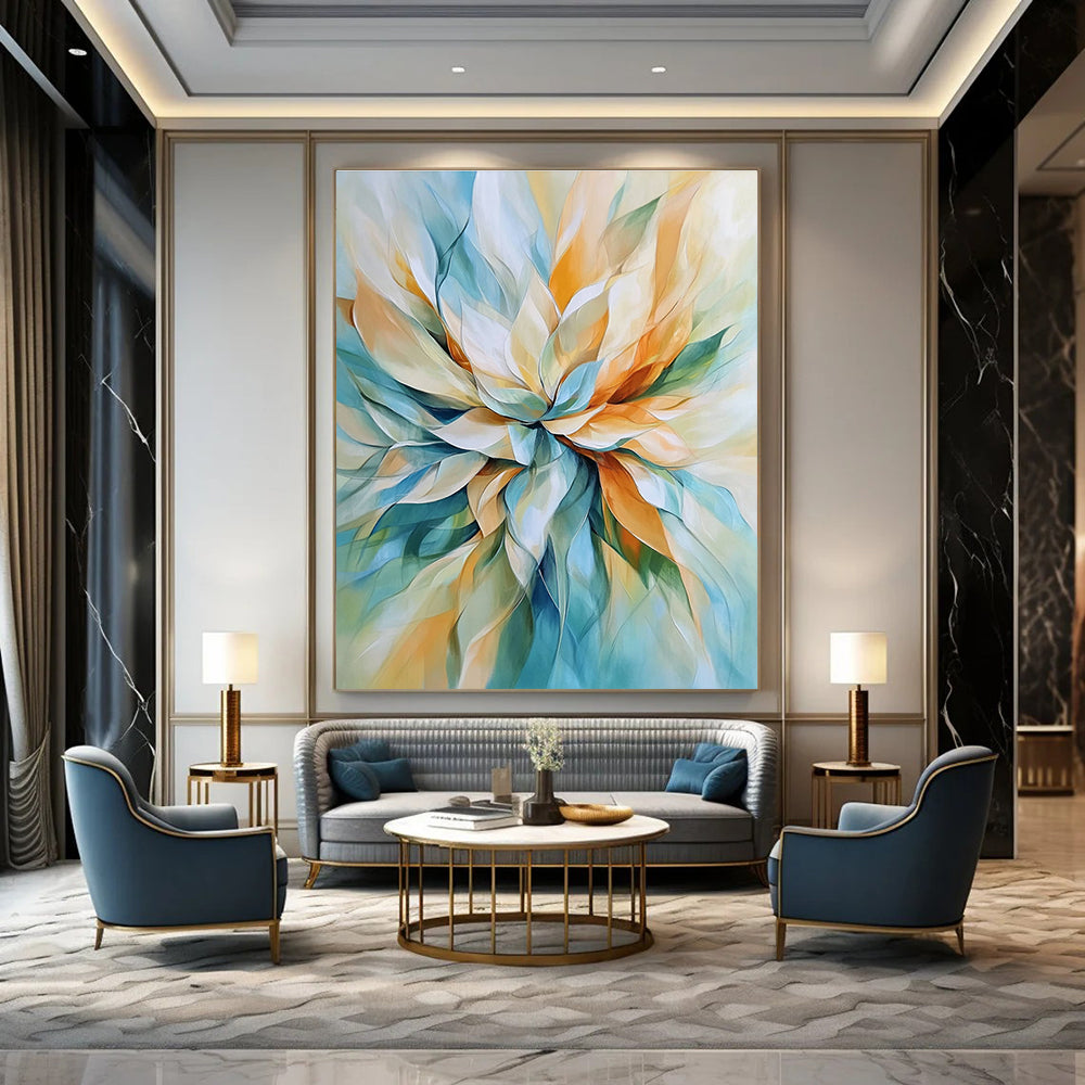 Abstract painting of a flower in light blue and beige with soft lines and pastel tones featuring accents of orange and green for depth.STSC670