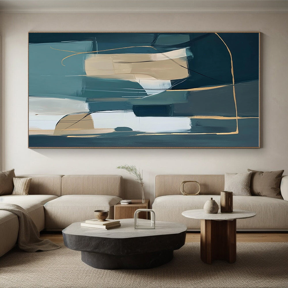 Teal and Beige Abstract Painting with Geometric Lines GER463