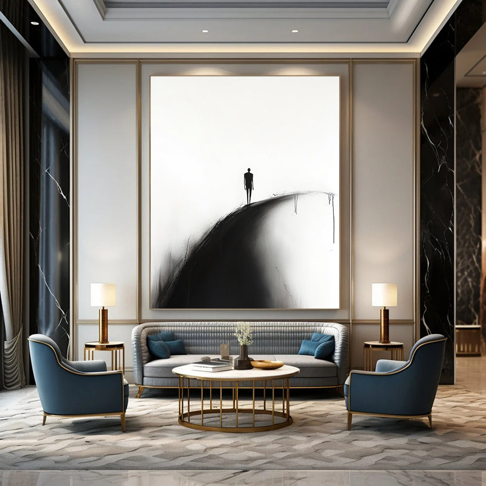 A large abstract painting featuring a silhouette of a man walking along a curved road on a white background in a minimalist style.STSC1331