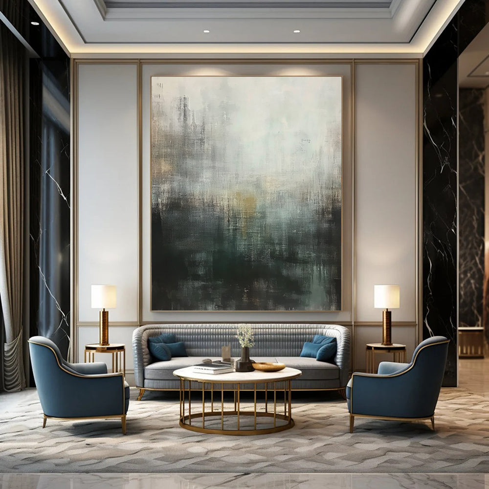 Large abstract painting featuring muted gray tones with hints of green and brown conveying a calm yet melancholic urban landscape.STSC604
