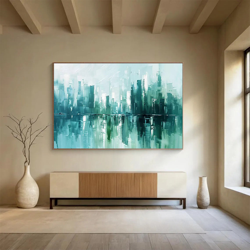 Cityscape Reflection Abstract Painting with Teal and Turquoise Hues THY275