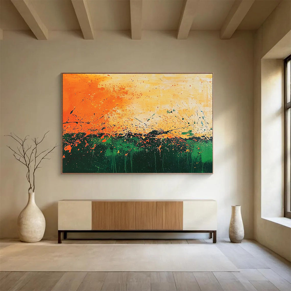 Large abstract painting featuring vibrant orange and green paint splatters reminiscent of Jackson Pollock's dynamic style.SC062