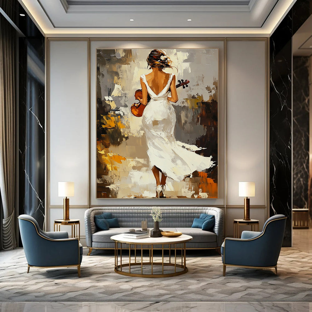 Abstract painting of an elegant woman in a flowing white dress holding a violin amidst warm impressionist scenery with visible brush strokes.STSC1379