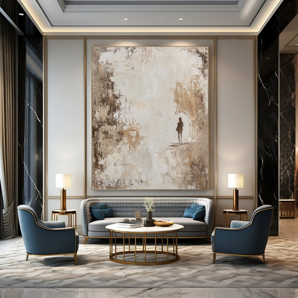 Large abstract painting featuring a beige and white distressed background with neutral tones that add a vintage feel and subtle elegance to any space.STSC905