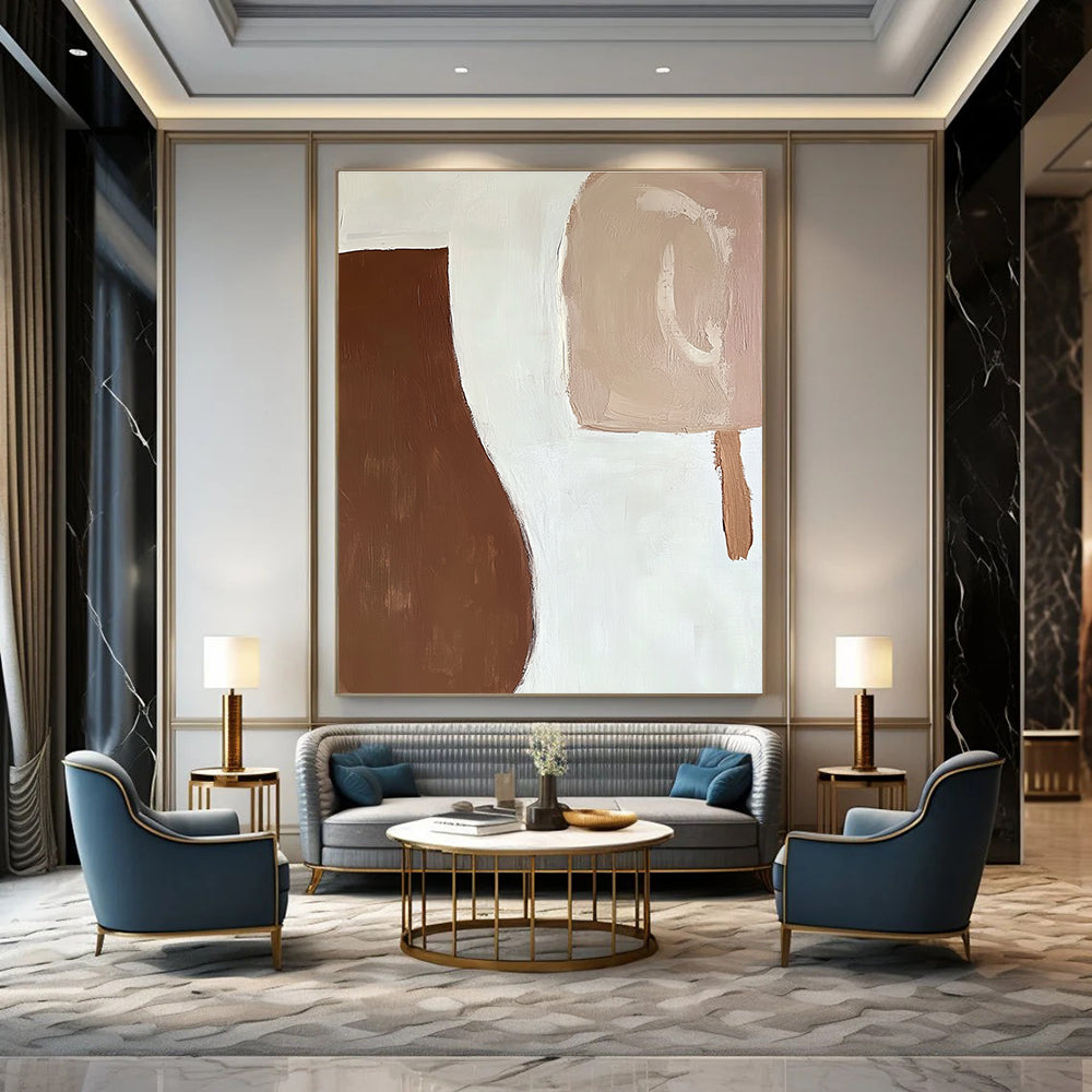 Large abstract painting featuring organic brown and white shapes with fluid brush strokes creating a calm serene atmosphere against a plain white background.STSC694