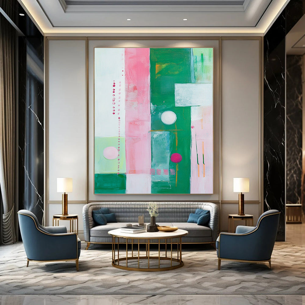 Large abstract painting featuring pink, green, and white stripes, circles, and squares inspired by Kathryn Statsny's style.STSC325