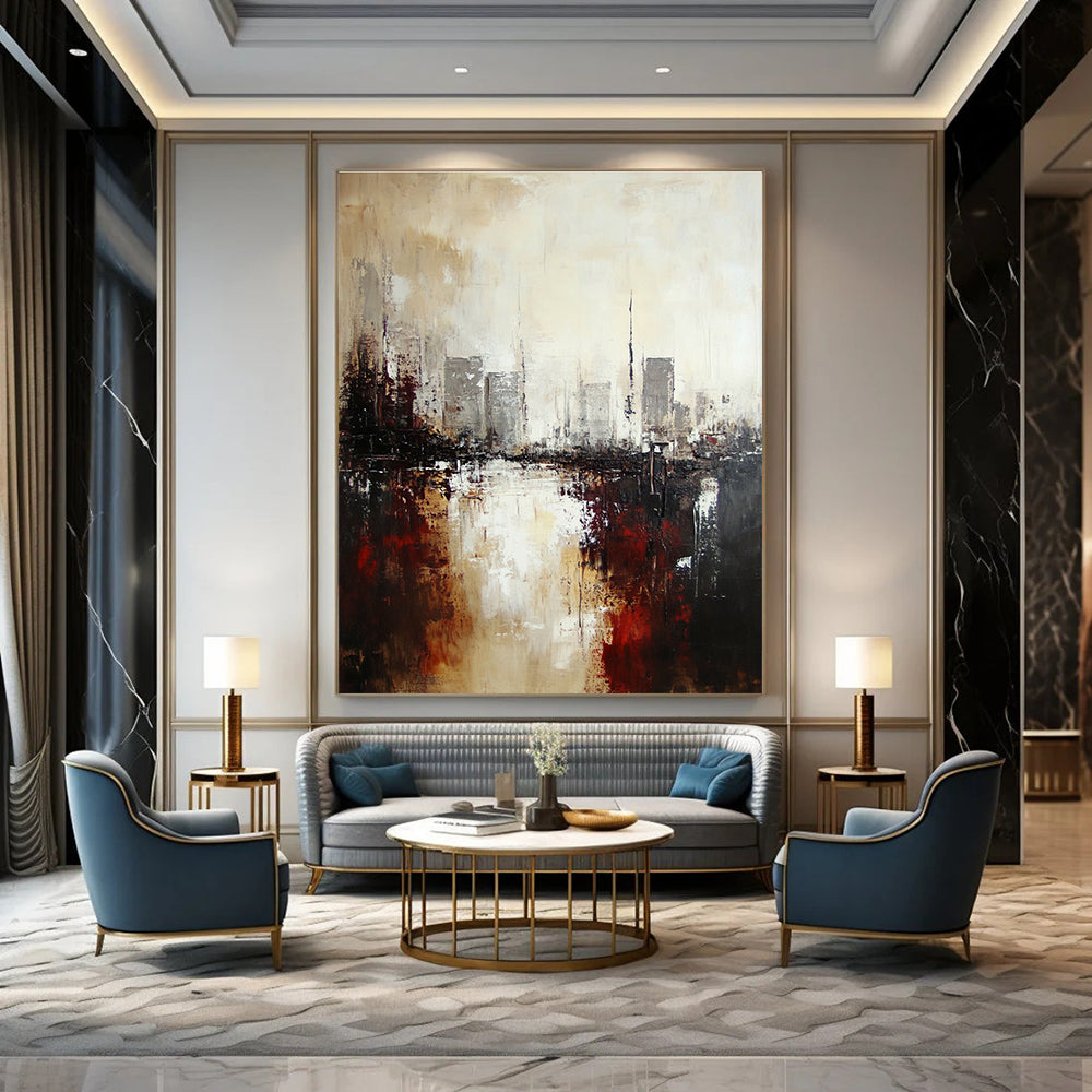 Large abstract oil painting of an industrial cityscape featuring neutral tones with brown and gray accents for an atmospheric effect.STSC148
