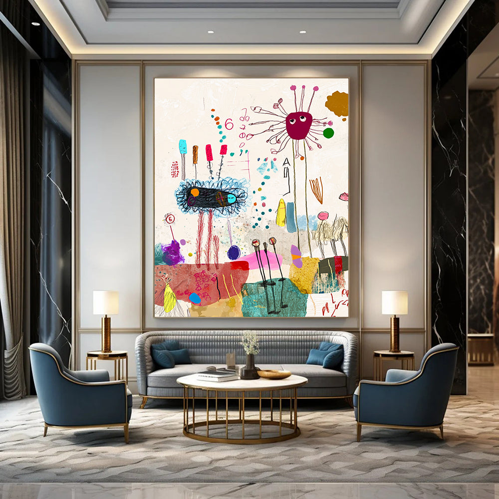 A large abstract painting featuring whimsical shapes and lines, soft pastels, and nature-inspired collages with a dynamic dancing group highlighted by the number six.STSC971