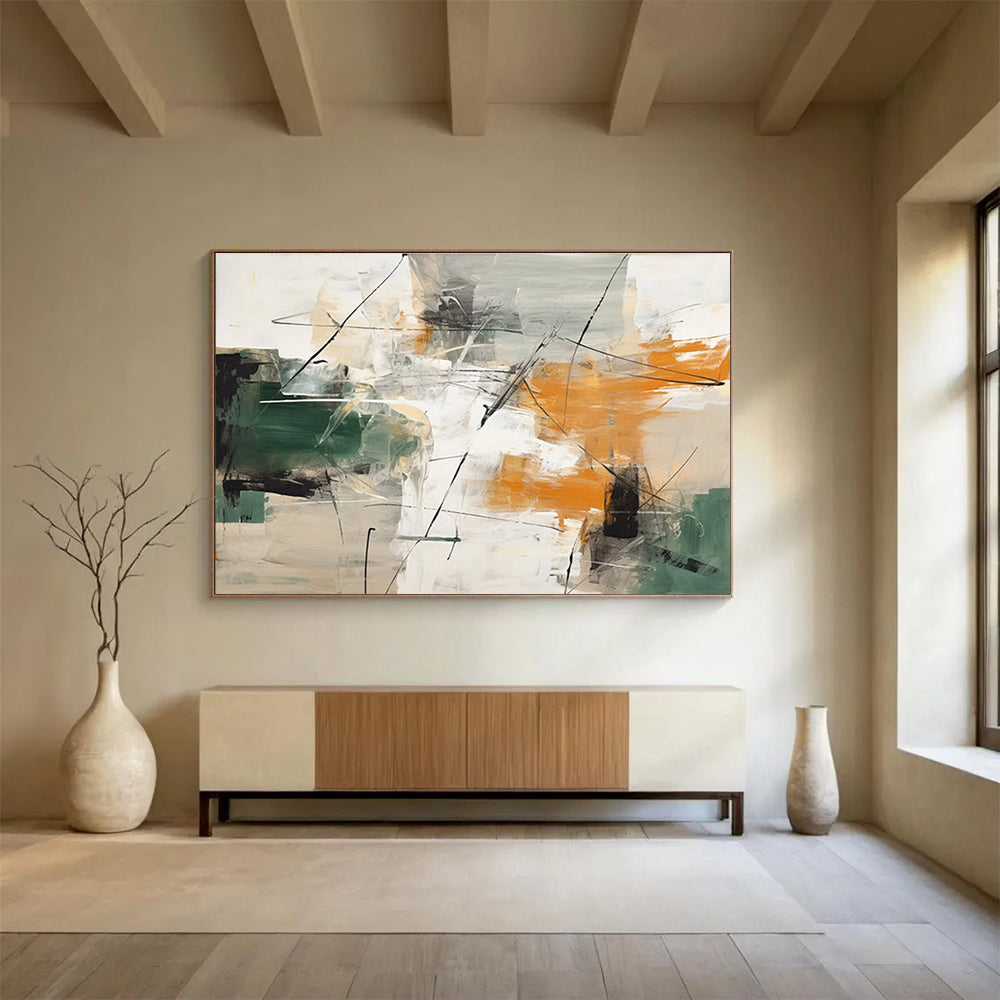 Green Orange and Grey Multi - colored Abstract Painting THY099