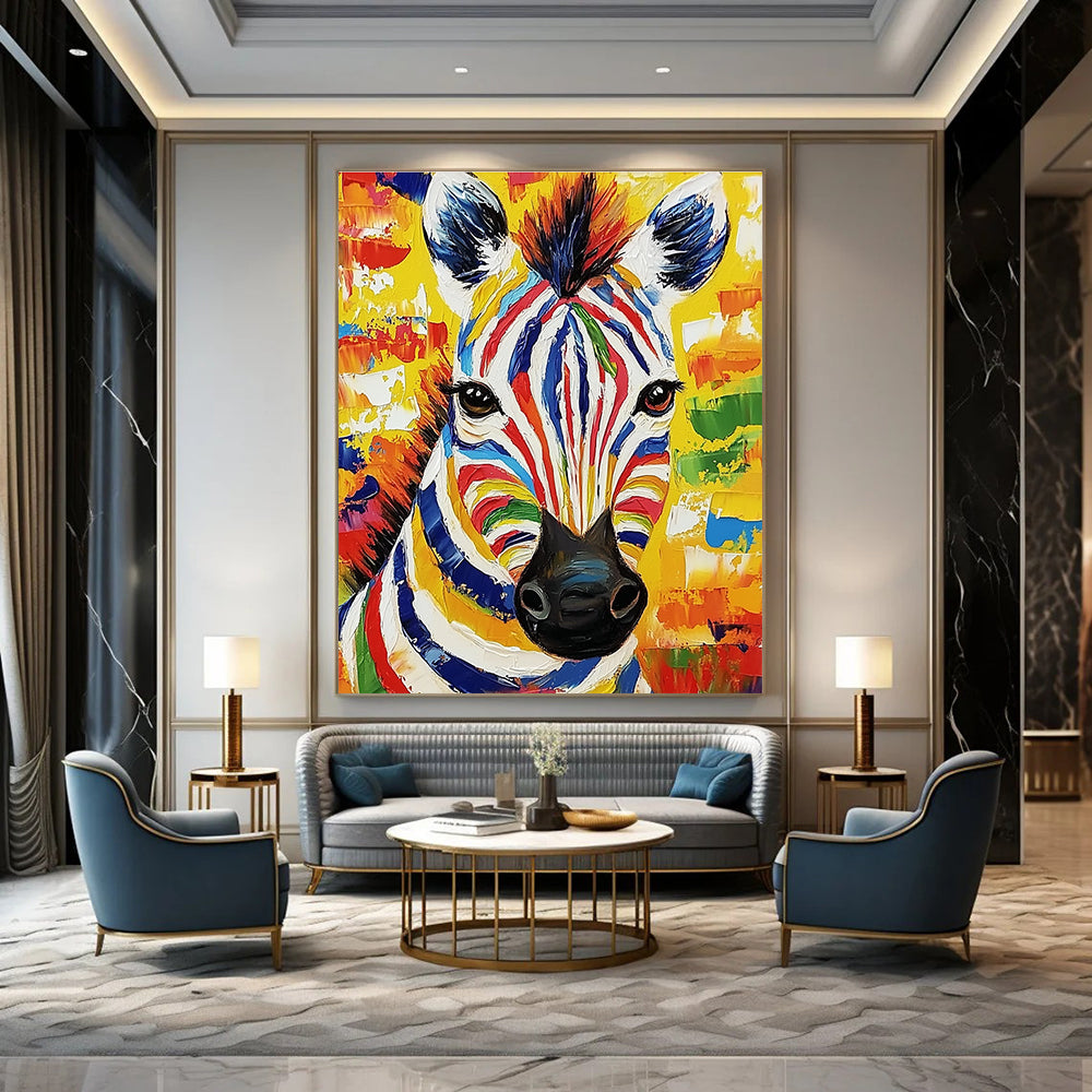 This large abstract painting features a vibrant zebra portrait in bold colors and thick brush strokes, radiating lively expression and natural light.STSC975