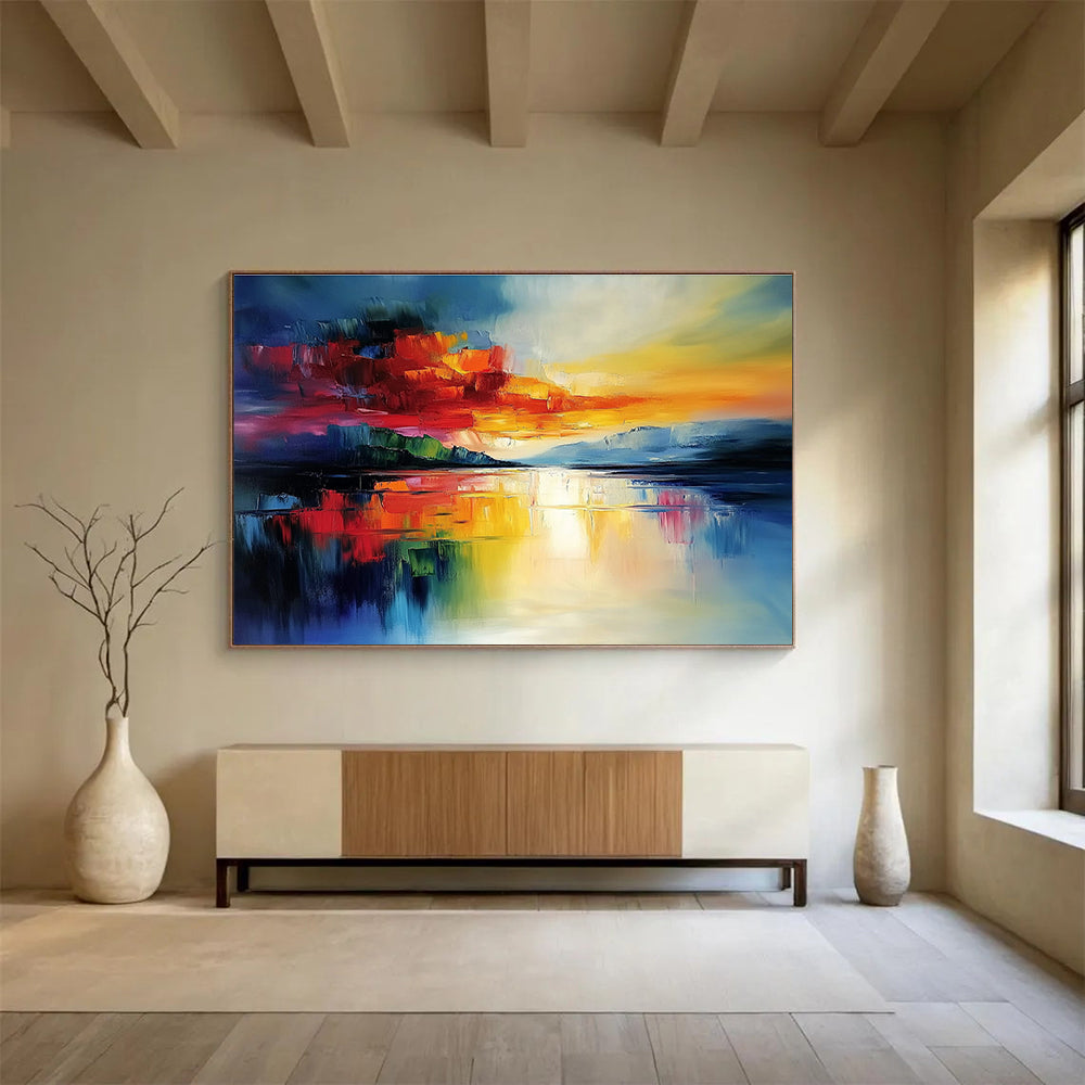 Bold Color Block Sunset Abstract Painting with Vivid Reds Oranges and Blues DYP236