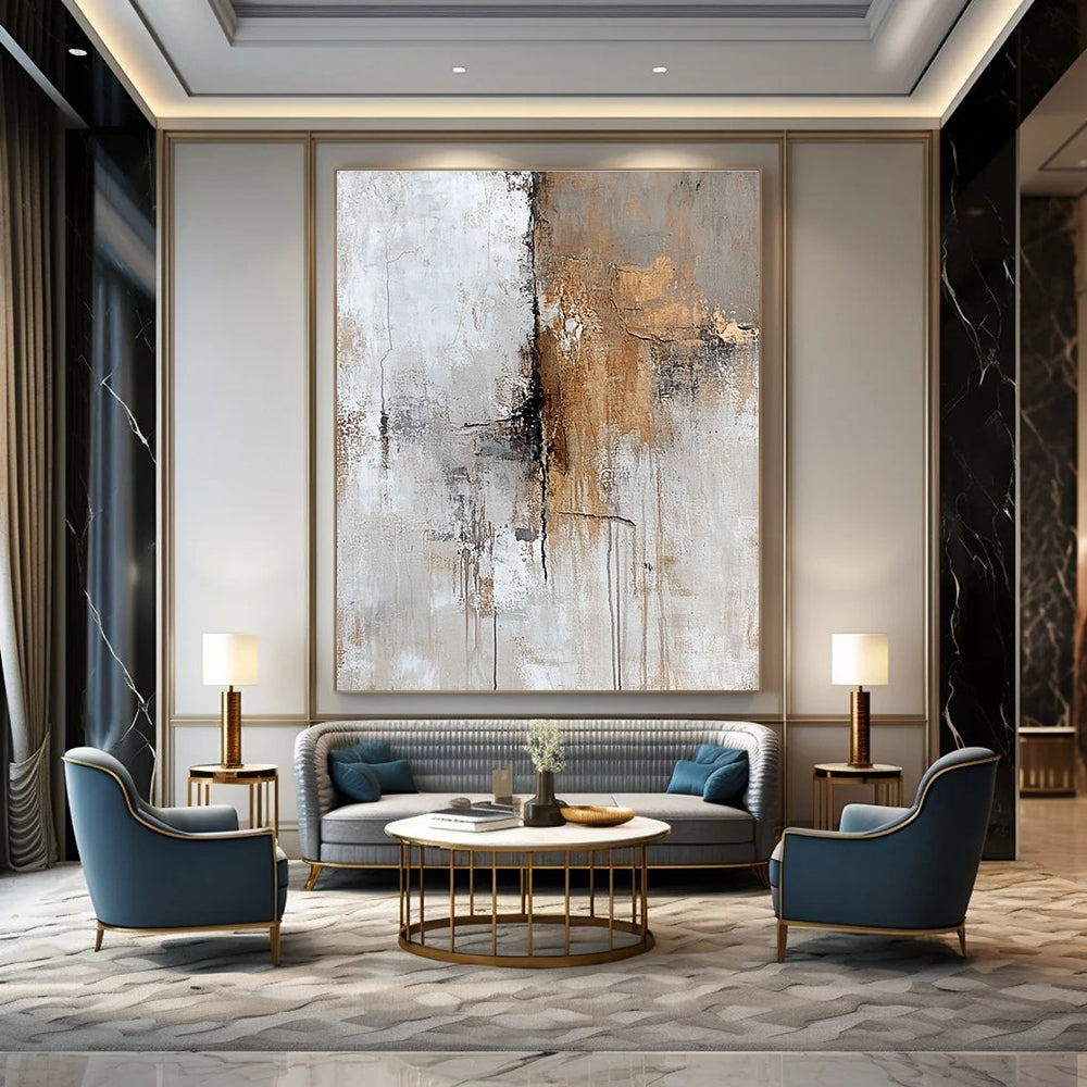 Abstract oil painting featuring faded beige grey and brown textures on a white background evoking nostalgia and mystery through subtle details in corners.STSC591
