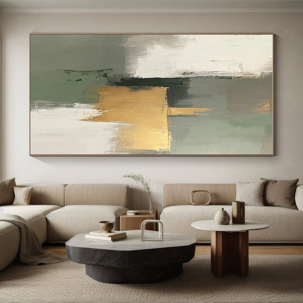 Green Gold and Gray Abstract Painting with Minimalist Geometry GER558