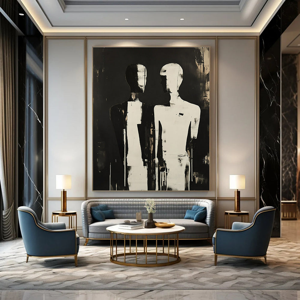 A large abstract painting featuring two silhouetted figures with elongated and featureless heads, evoking mystery and emotional connection against a dark backdrop.STSC908