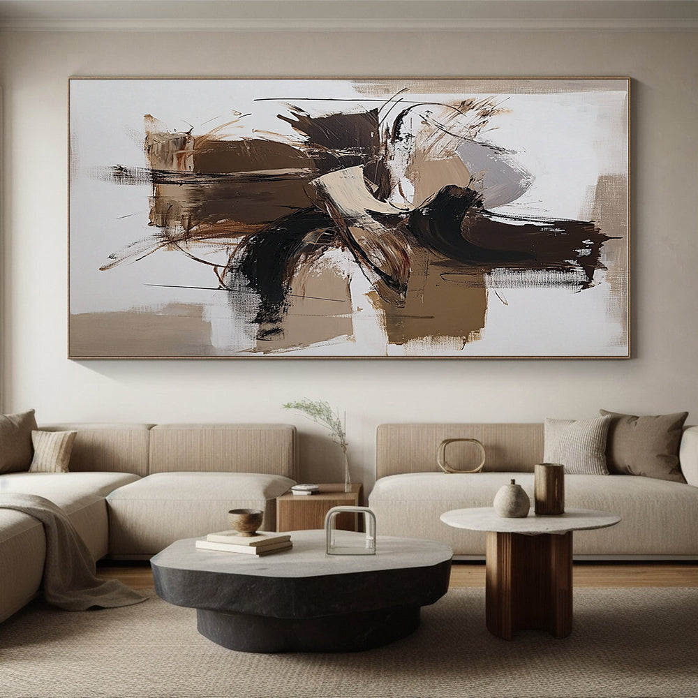 Beige Brown and White Abstract Painting with Energetic Strokes GER639
