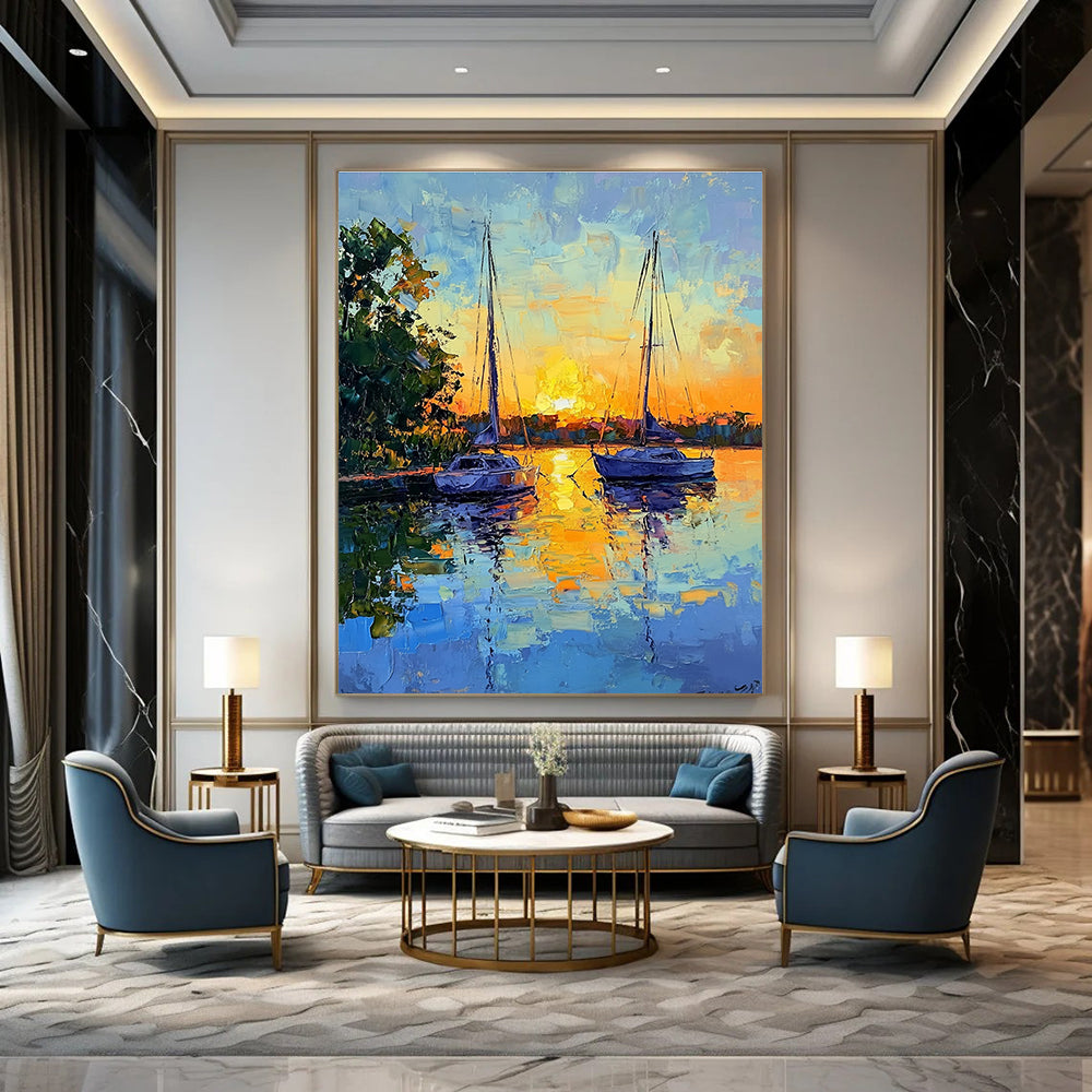 Large Abstract Painting of sailboats at sunset with soft brush strokes and vibrant colors creating tranquility and harmony between nature and human creation.STSC1393