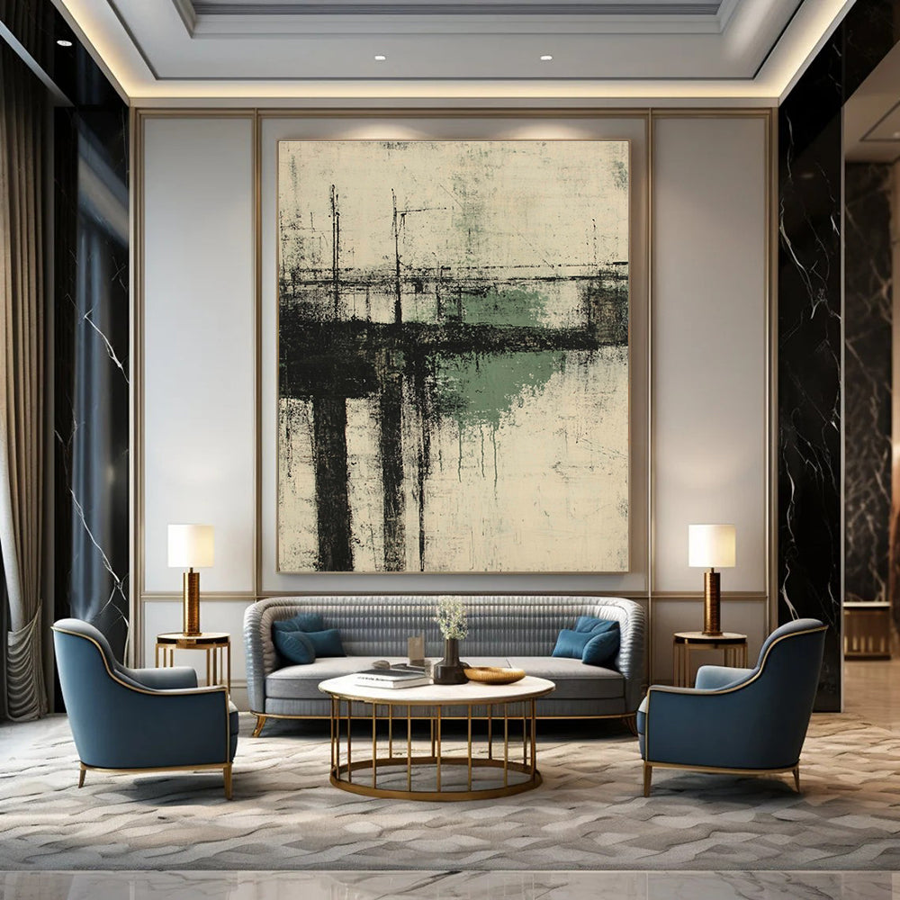 Large abstract painting of an old pier in neutral greens and grays capturing the essence of Kathryn Statsny's style.STSC658