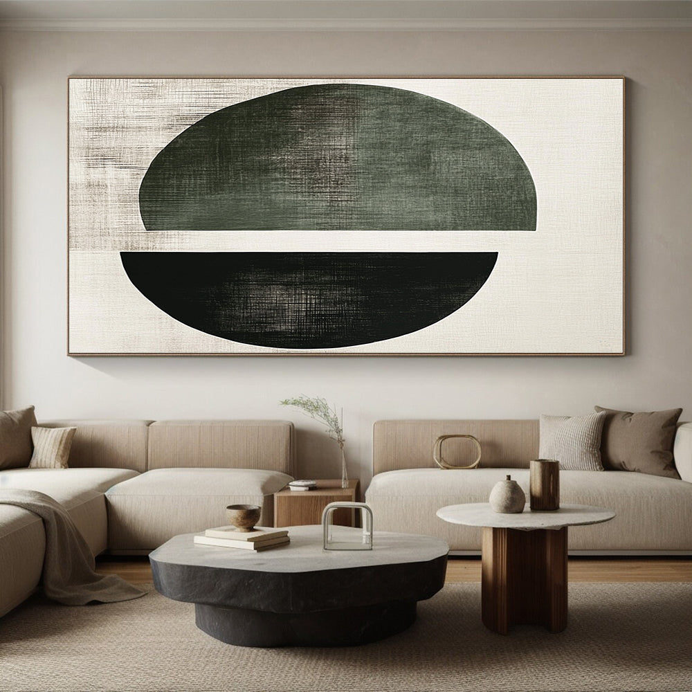 Green and Black Circular Abstract Painting with Geometric Simplicity GER131