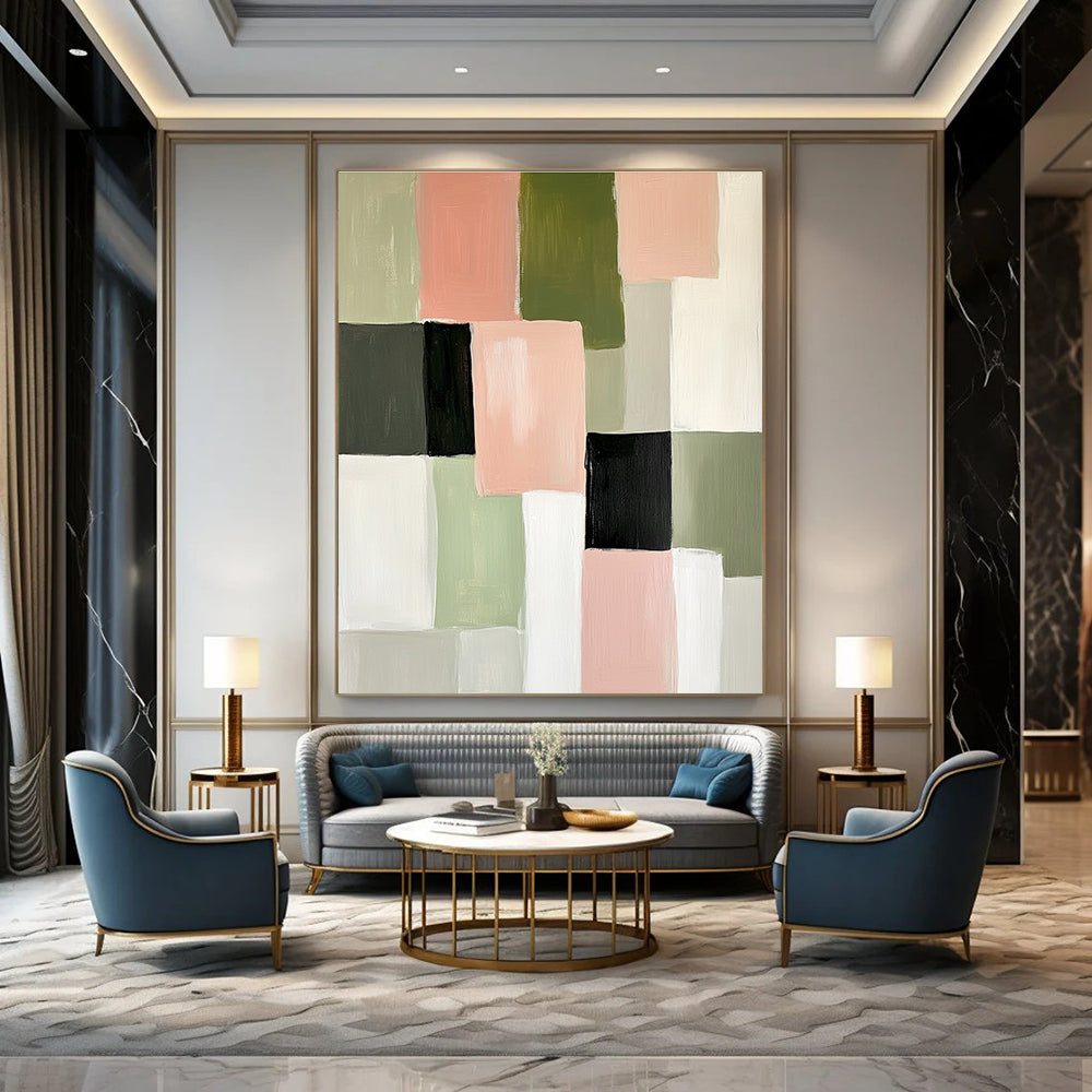 Abstract painting featuring soft pink green and white blocks of color creating an elegant minimalist composition perfect for modern decor.STSC448