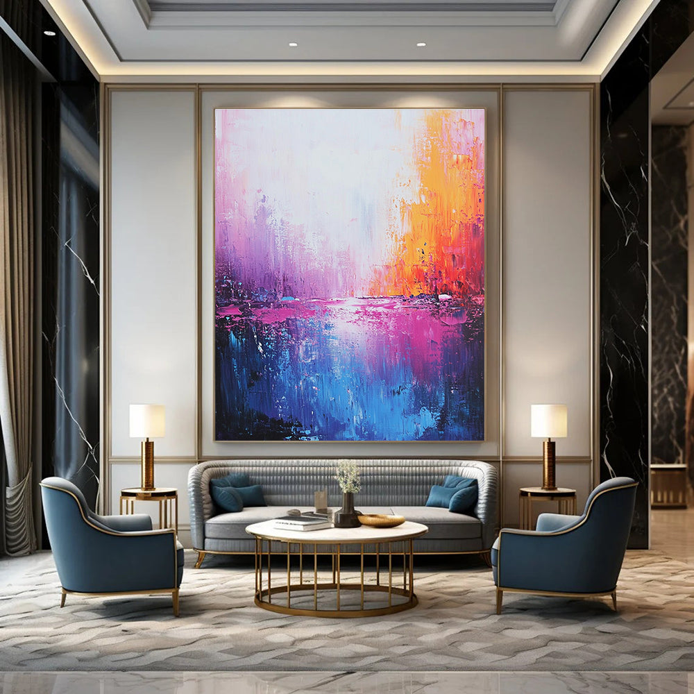 Large abstract painting of the sea in light pink dark blue and purple with meticulous brushwork and dreamy quality creating a romantic atmosphere.STSC345