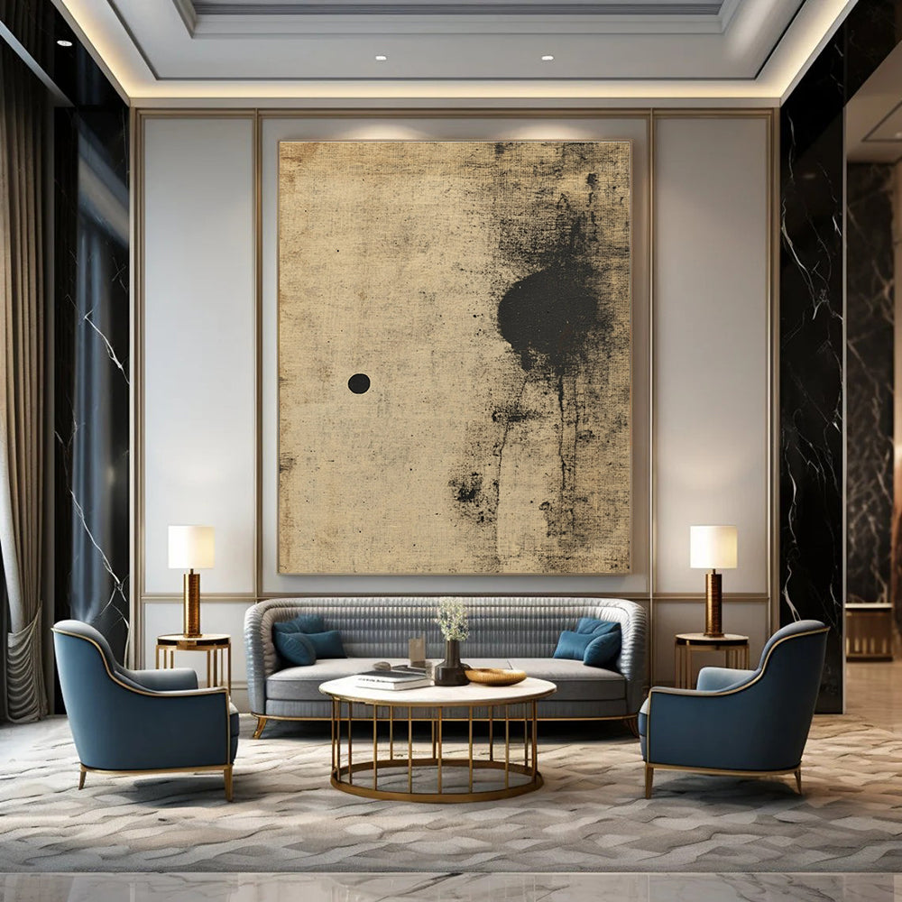 Large abstract painting of an animal in beige and black with antique texture soft edges and minimalist aesthetic.STSC635