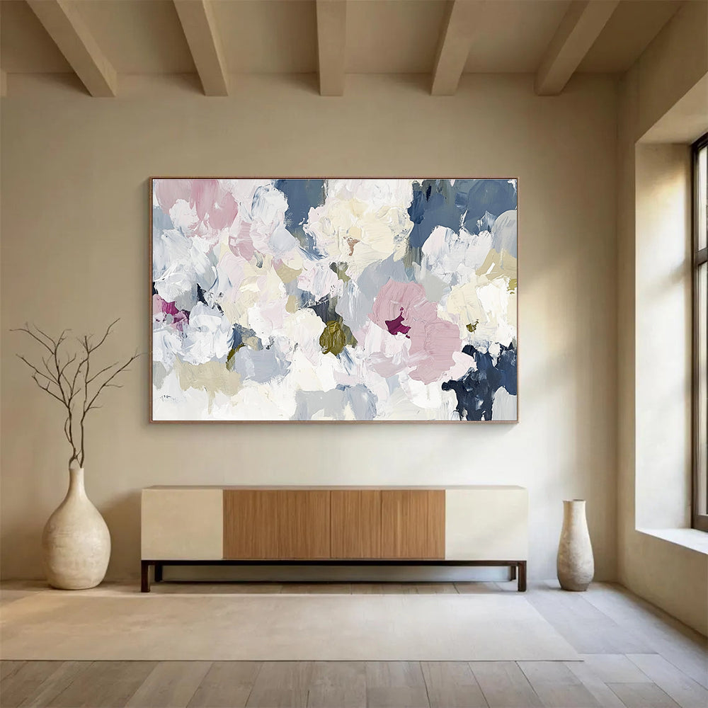 Large abstract floral painting in soft whites pinks and greens creating an elegant contemporary composition inspired by nature's beauty.SC049