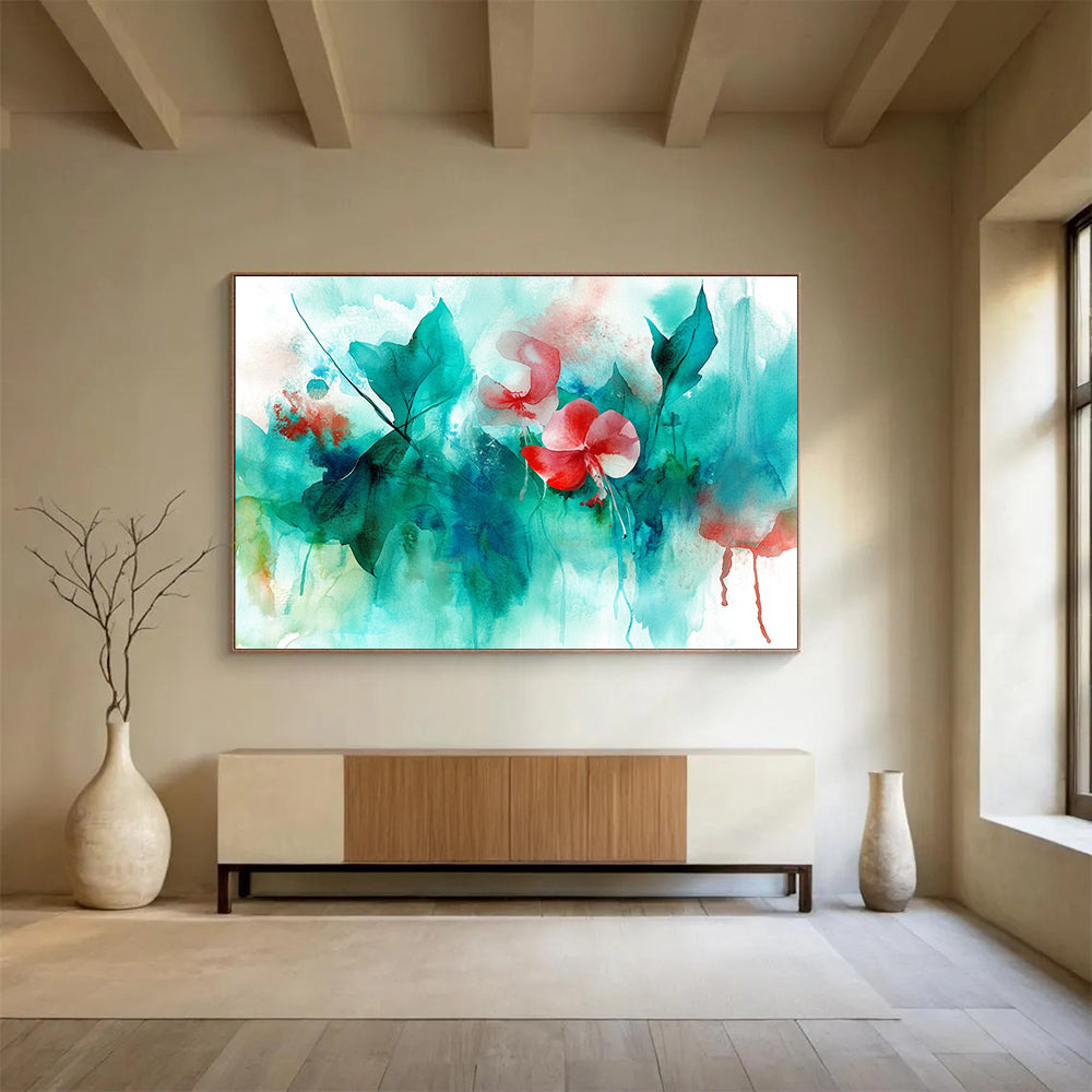 Large abstract watercolor painting featuring leaves flowers and jellyfish in teal aqua red green colors perfect for enhancing any spaceSC287