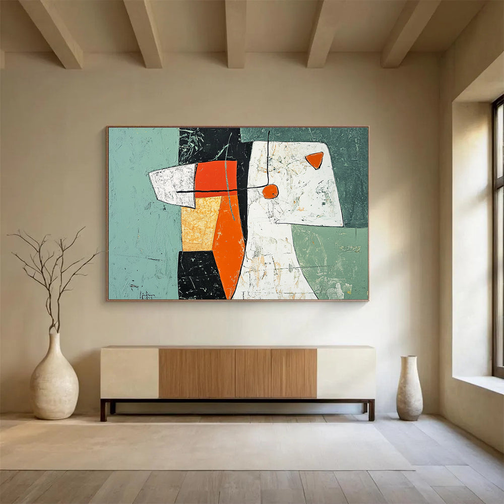 Large abstract painting featuring green orange and white shapes with black lines and a woman's figure made from paper and fabric elements.SC198