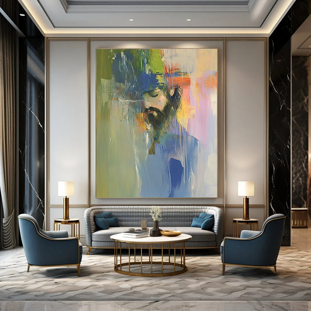 A large abstract oil painting of Jesus in vibrant colors, inspired by Richard Schmid and Peter Wileman, featuring a color field composition.STSC593